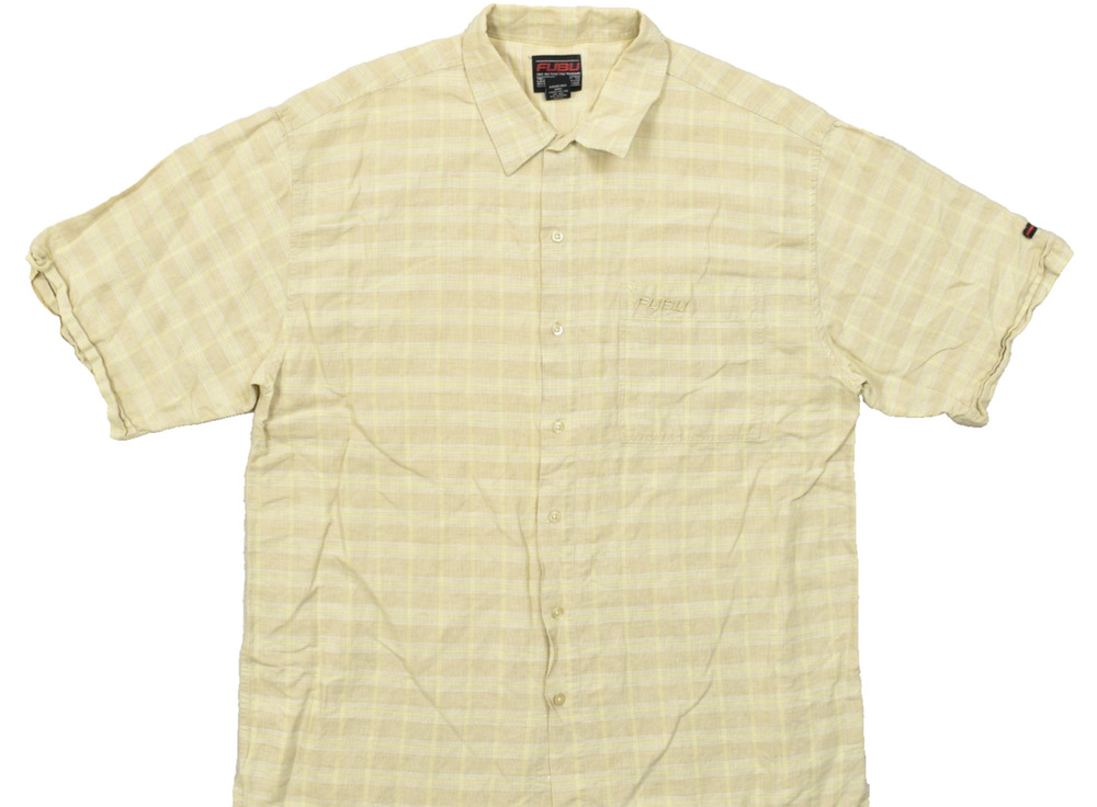 FUBU Vintage XL Men Short Sleeve Button Down Plaid Shirt Yellow Linen Blend